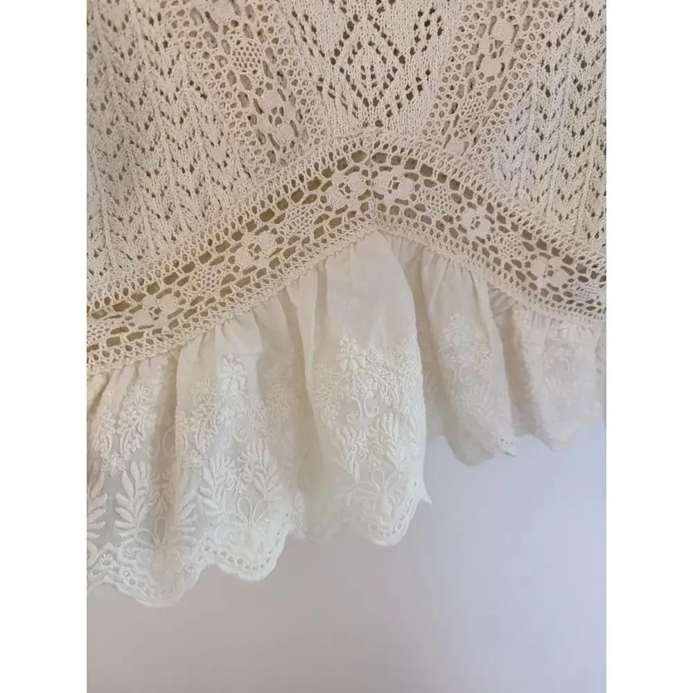 Zara Cream Knit Crochet Lace Scalloped Hem Long Sleeve Top-Size Small